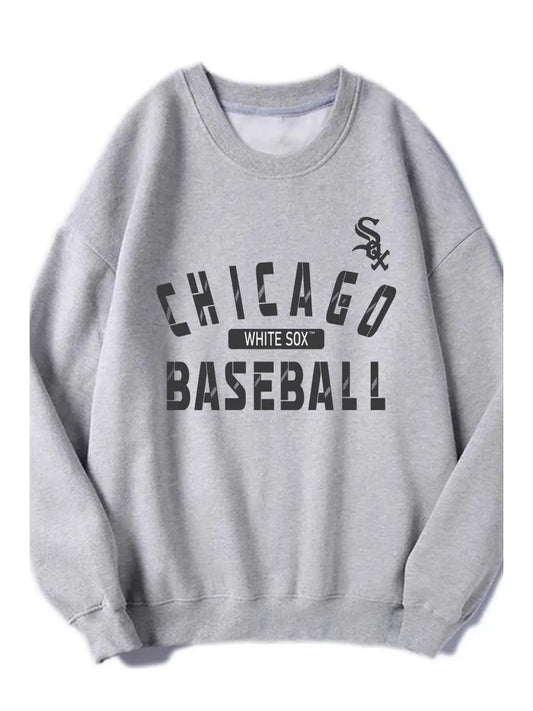 Gray sweatshirt with 'Chicago White Sox Baseball' text on a white background