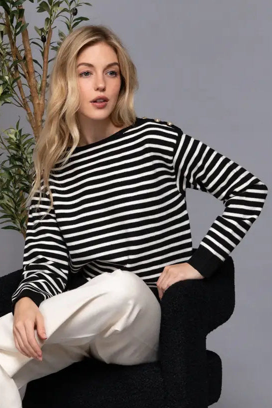 Buttoned Shoulder Stripe Sweater