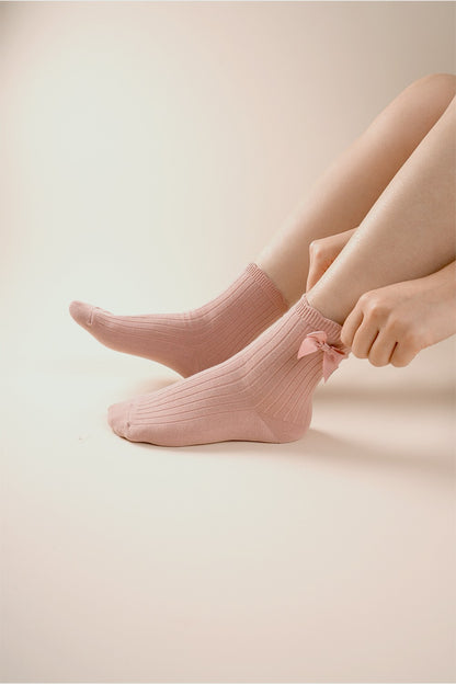 Side Bow Detail Ribbed Crew Socks