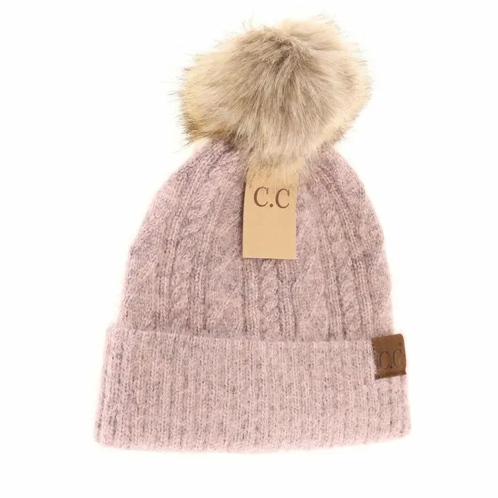 Cable Knit Fur Pom Beanie
