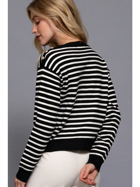 Buttoned Shoulder Stripe Sweater