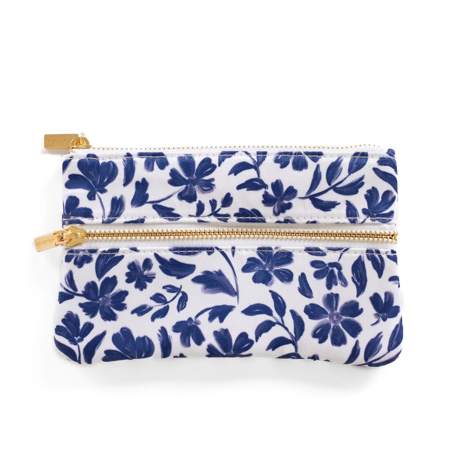 Floral-patterned pouch with gold zipper on a white background