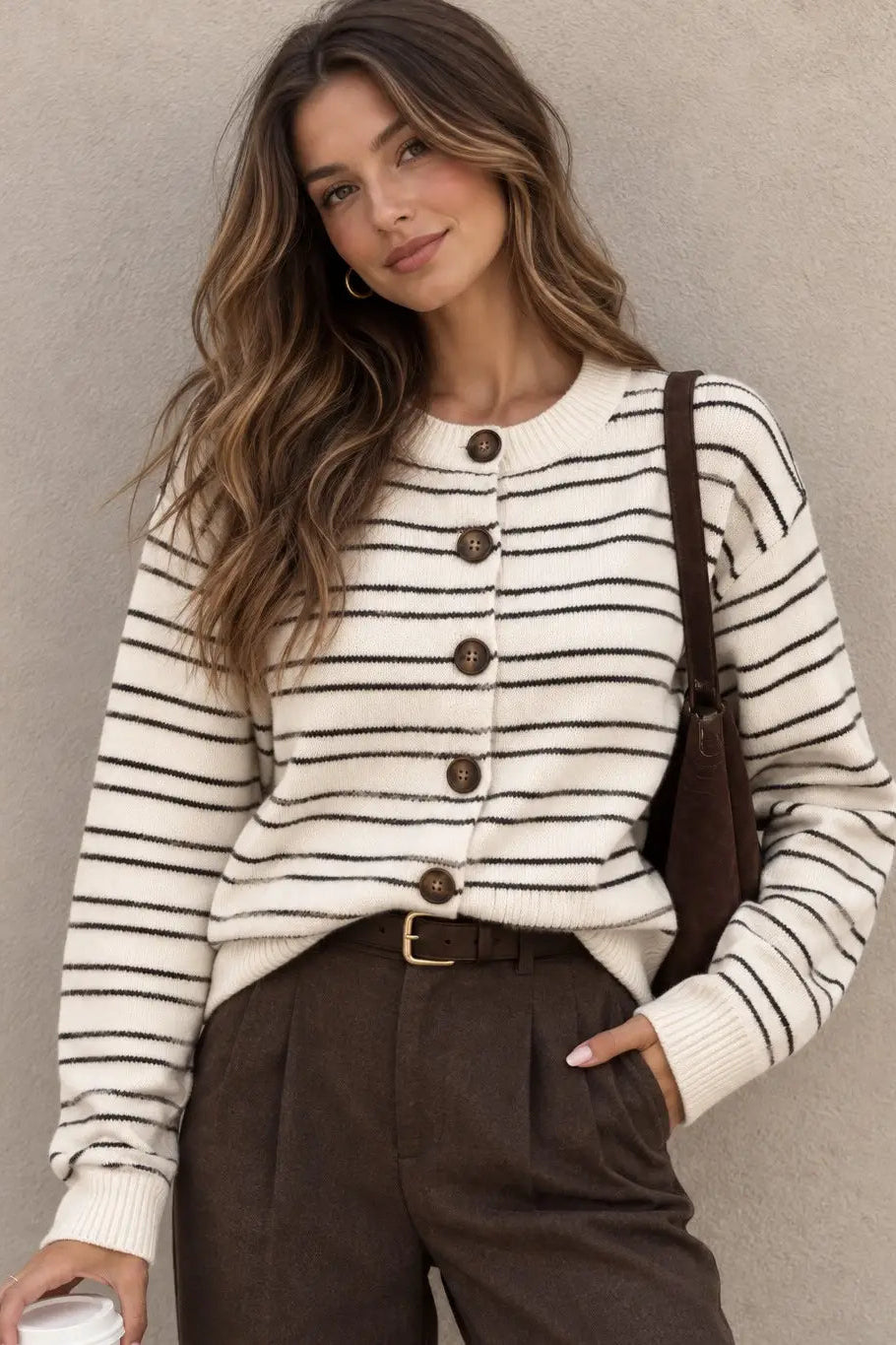 woman in striped cardigan