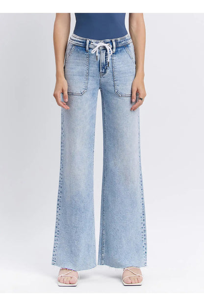 High Rise Drawstring Waistband Wide Leg Jeans