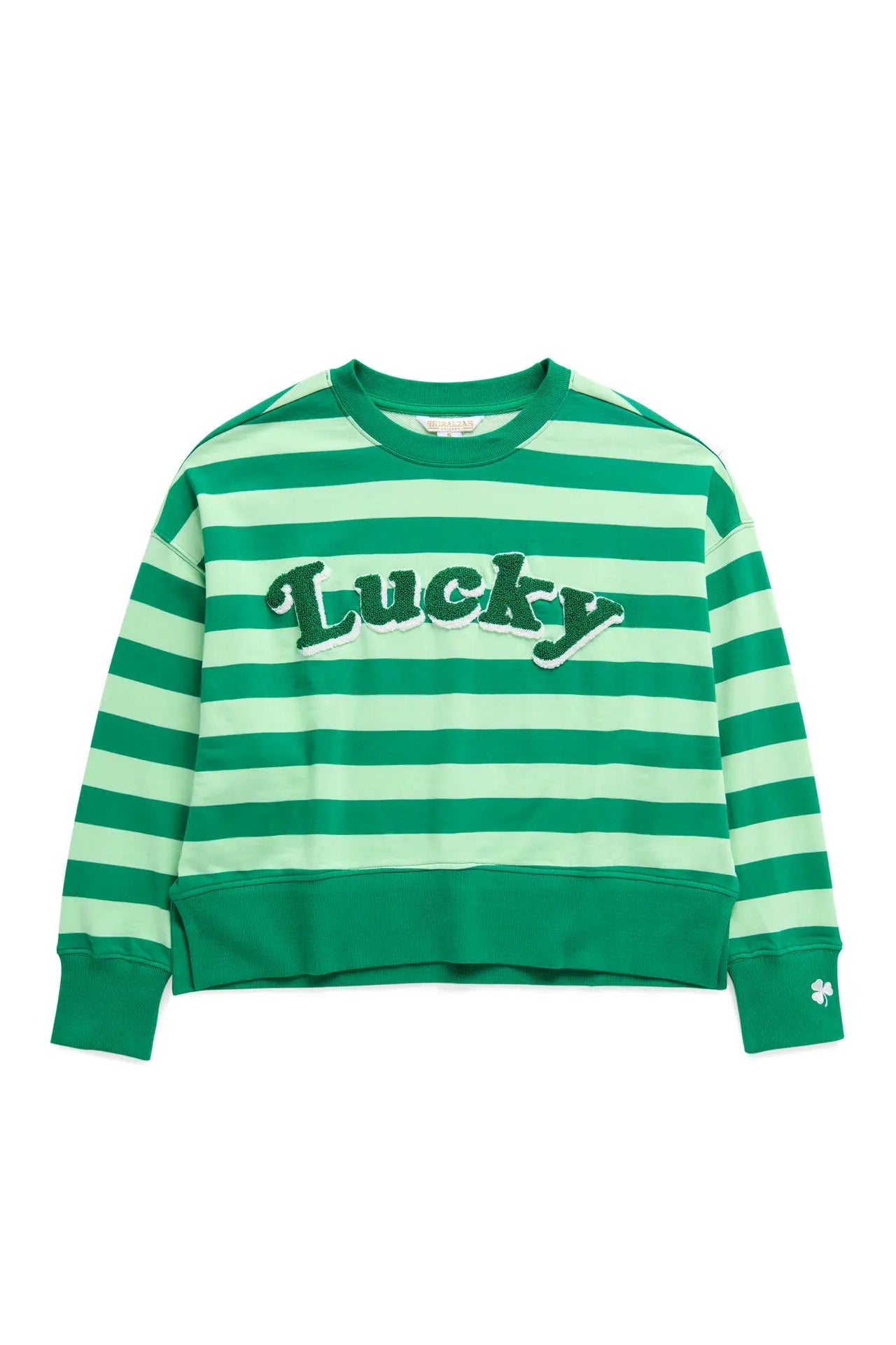 Green and white striped sweatshirt with 'Lucky' text on a white background