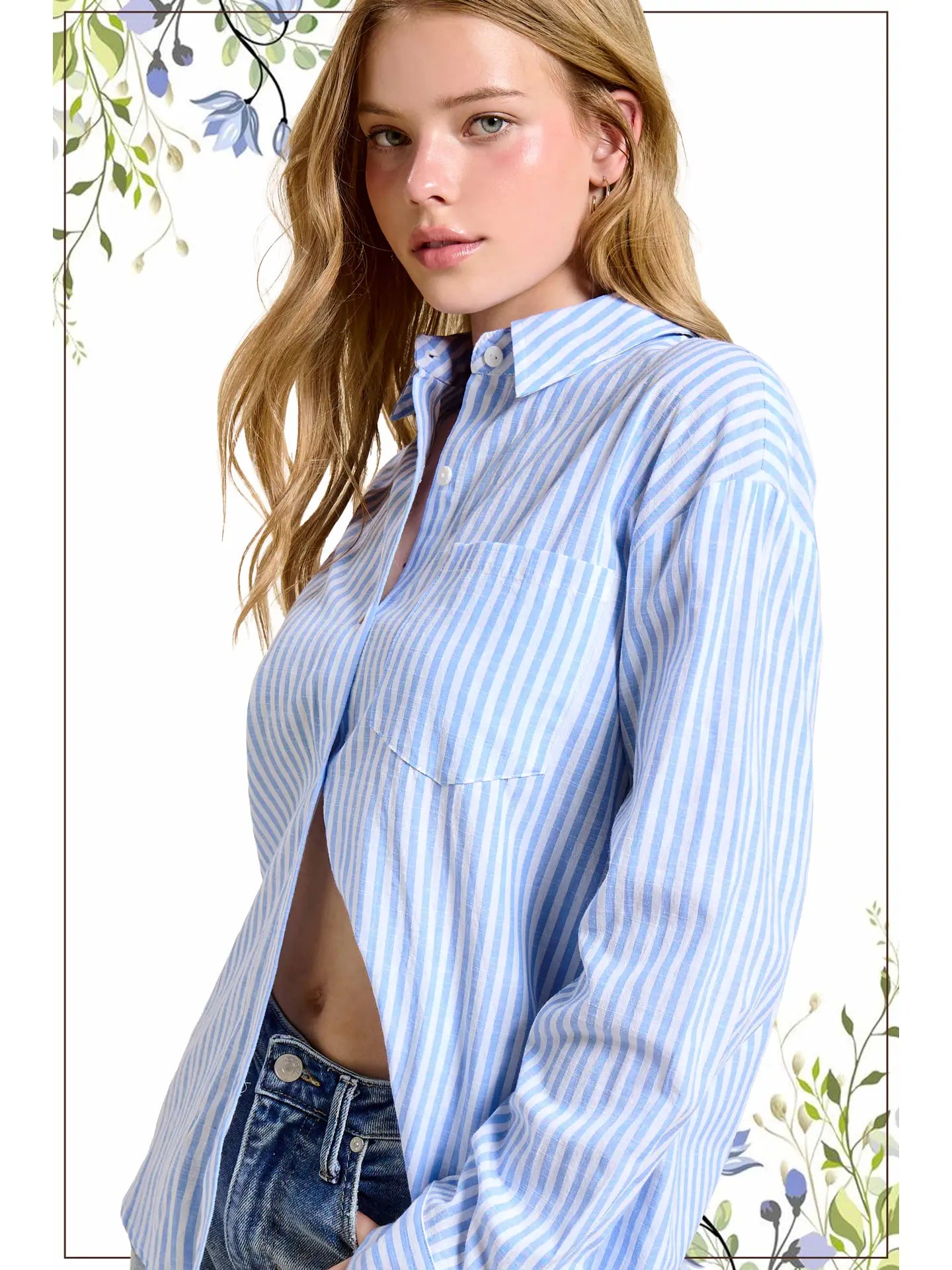 A woman wearing a light blue and white vertically striped button-up shirt with blue jeans, shown against a white background with a delicate floral border.