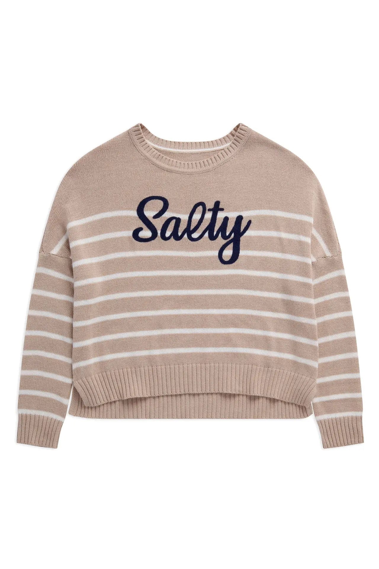 Beige and white striped sweater with 'Salty' text on a white background