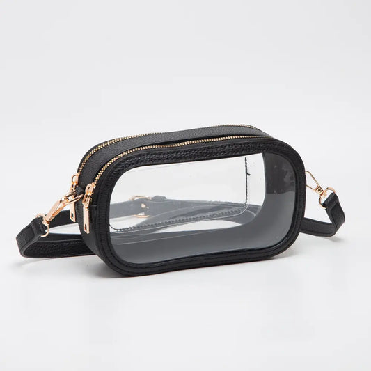 Black clear pouch with gold zippers on a white background
