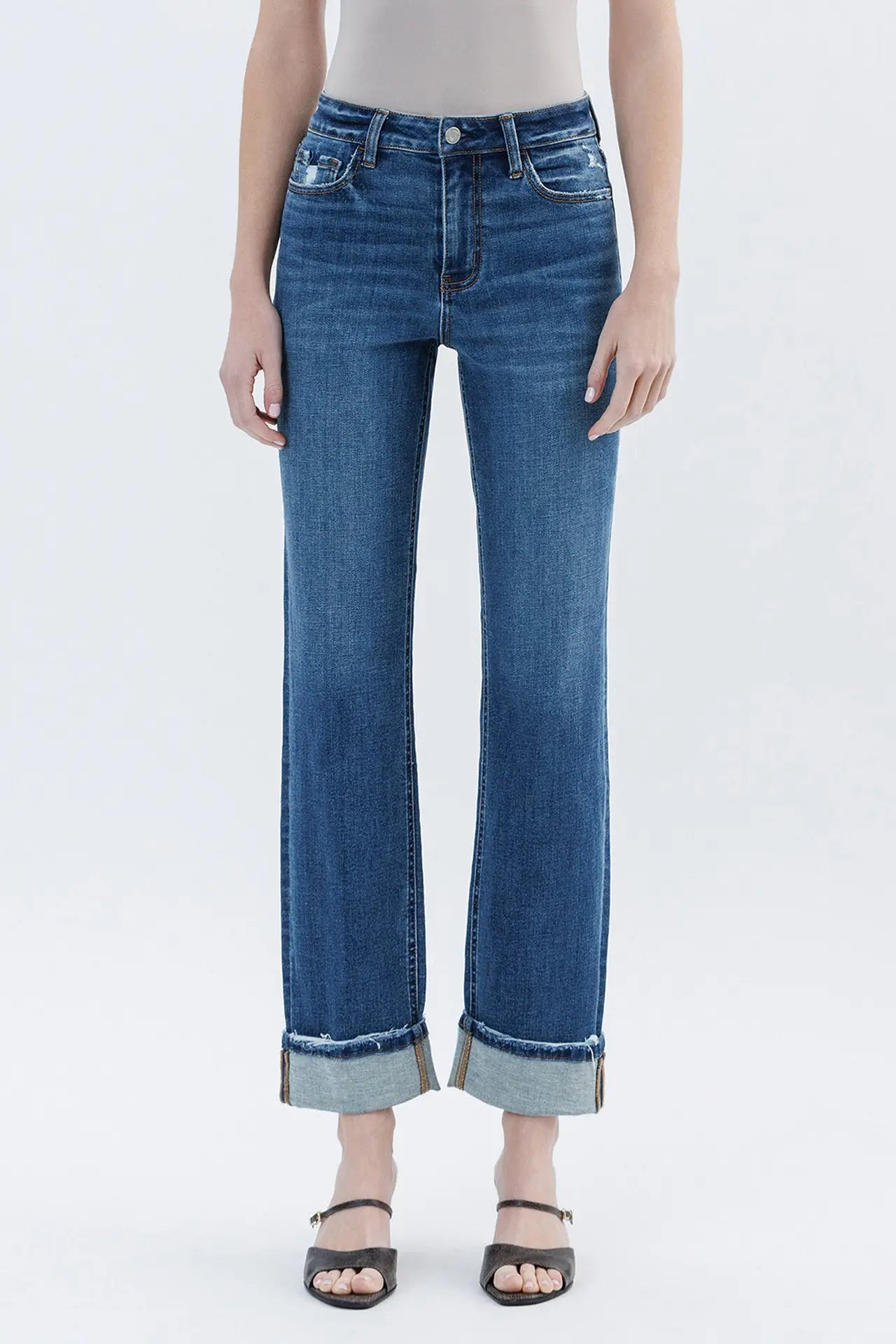 High Rise Cuffed Straight Jeans
