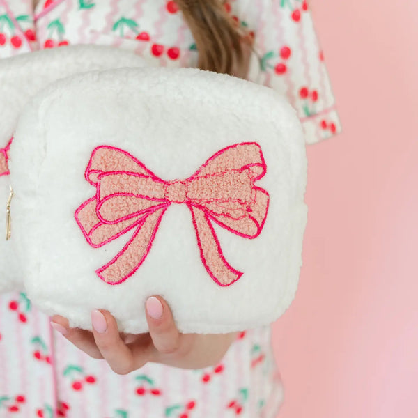 Plush Cosmetic Bag with Embroidered Pink Bow