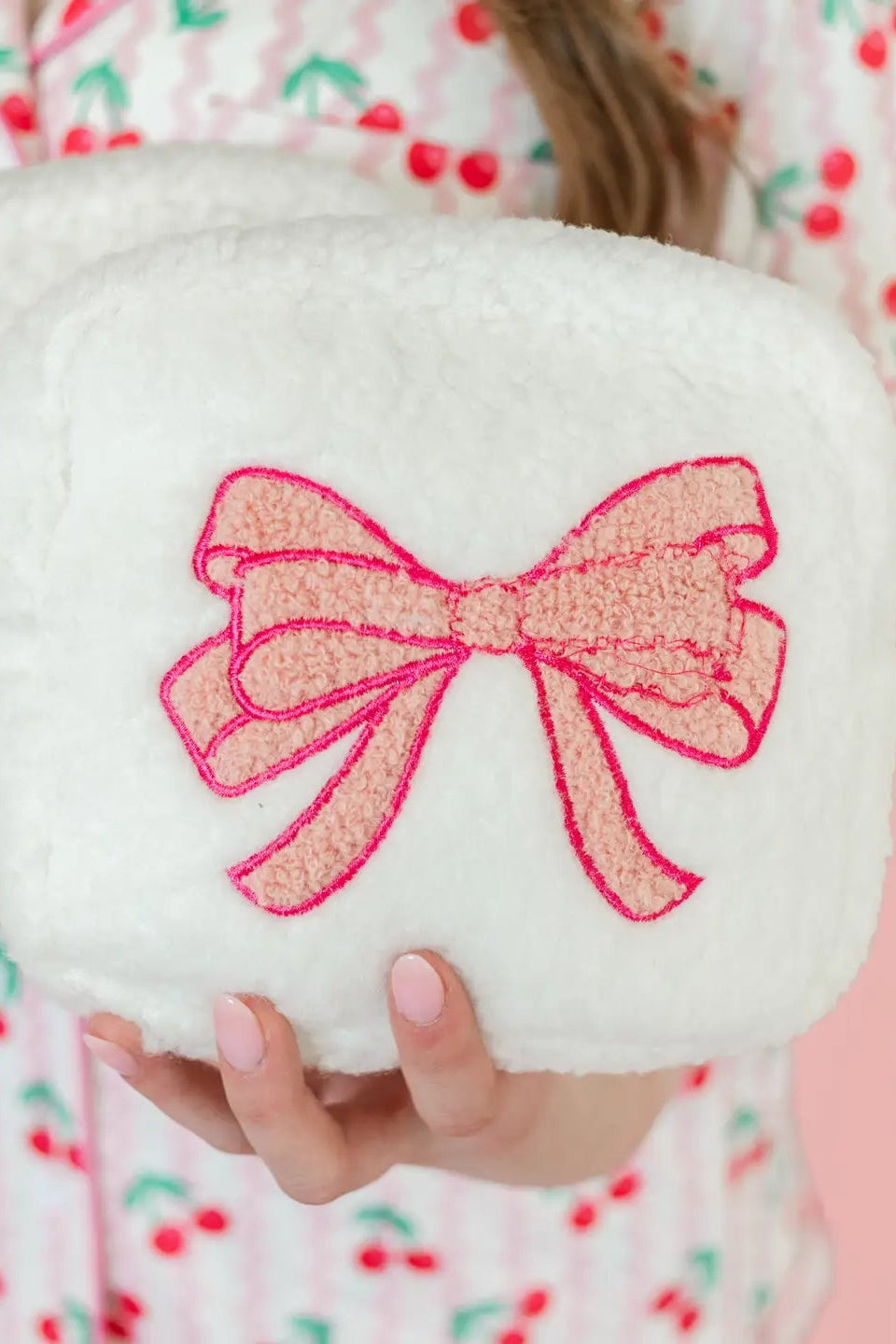 Plush Cosmetic Bag with Embroidered Pink Bow