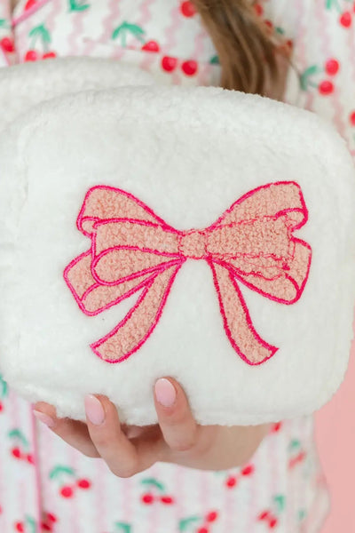 Plush Cosmetic Bag with Embroidered Pink Bow