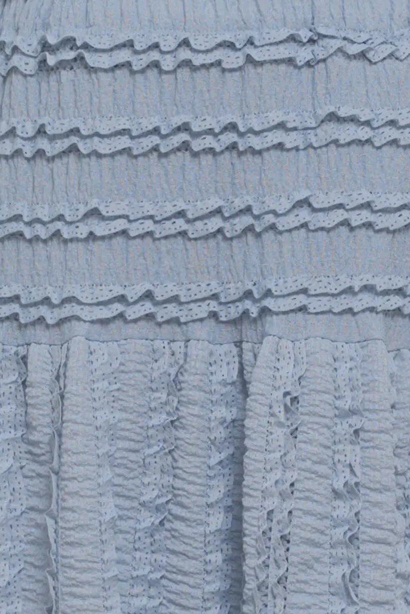 Close-up of a textured blue fabric with ruffled layers