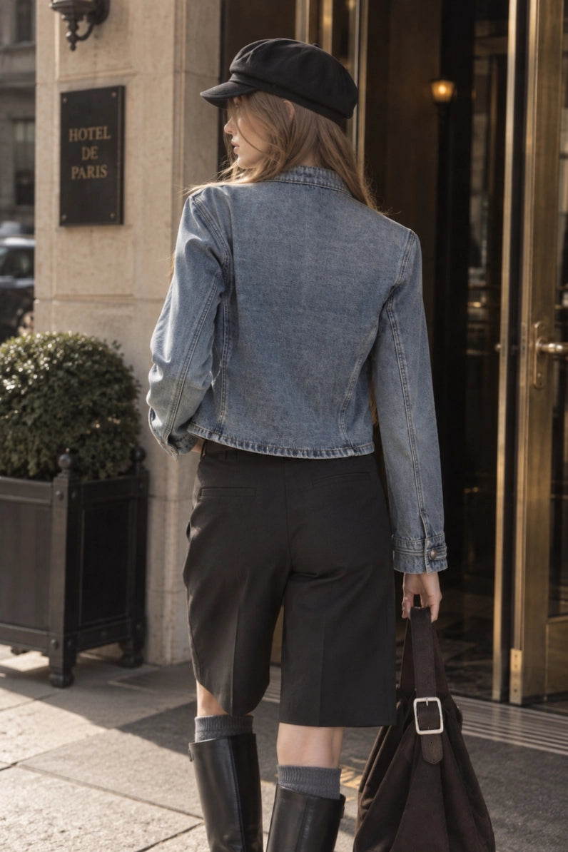 woman in denim jacket