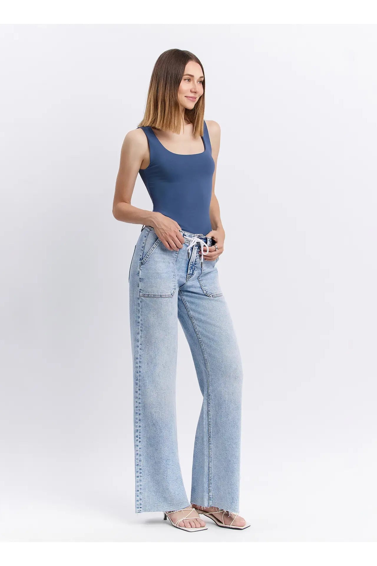 High Rise Drawstring Waistband Wide Leg Jeans