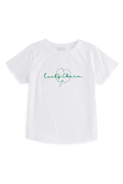 White t-shirt with 'lucky charm' and clover design on a white background