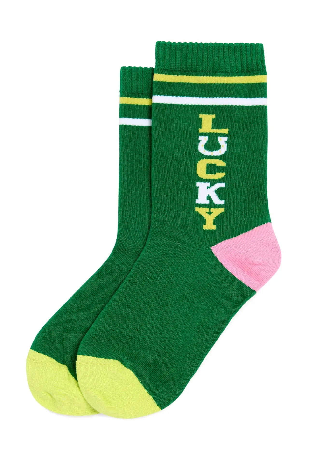 Green socks with yellow accents and 'LUCKY' text on a white background