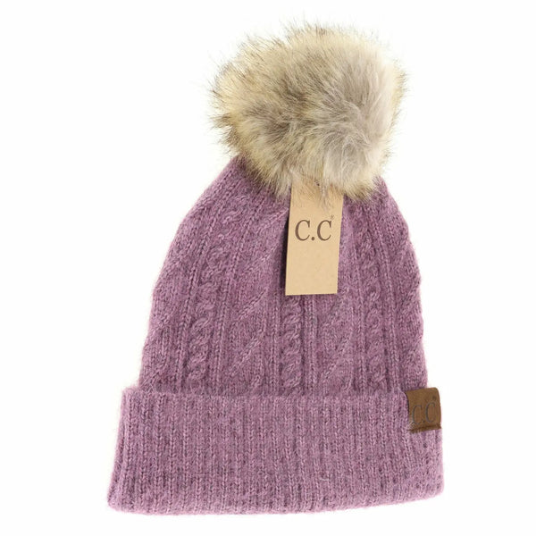 C.C Cable Knit Fur Pom Beanie