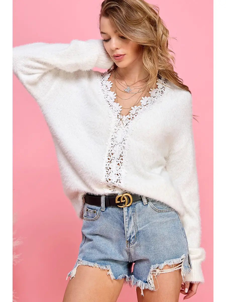 Puffy Lace Trim Sweater