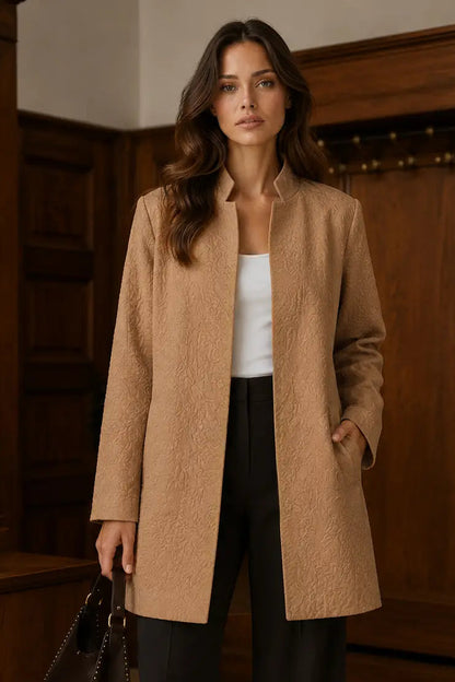 A woman stands indoors wearing a camel-colored textured coat over a white top and black pants, holding a dark handbag. The background shows warm wood paneling and a coat rack.