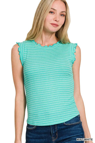 Ruffle Trim Sleeveless Stripe Tank