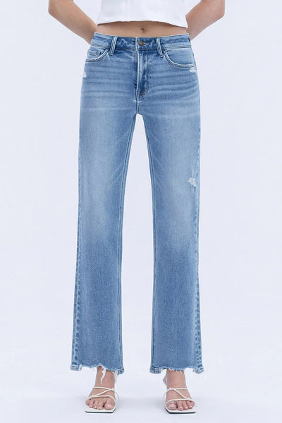 High Rise Distressed Hem Slim Wide Jeans