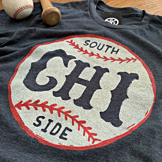 T-shirt with 'South Side CH' graphic design on a dark gray background