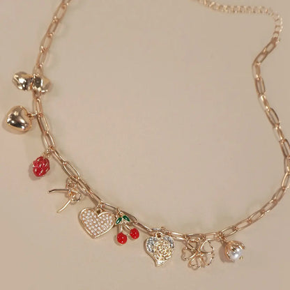 Multi Charm Bow Cherry Heart Necklace