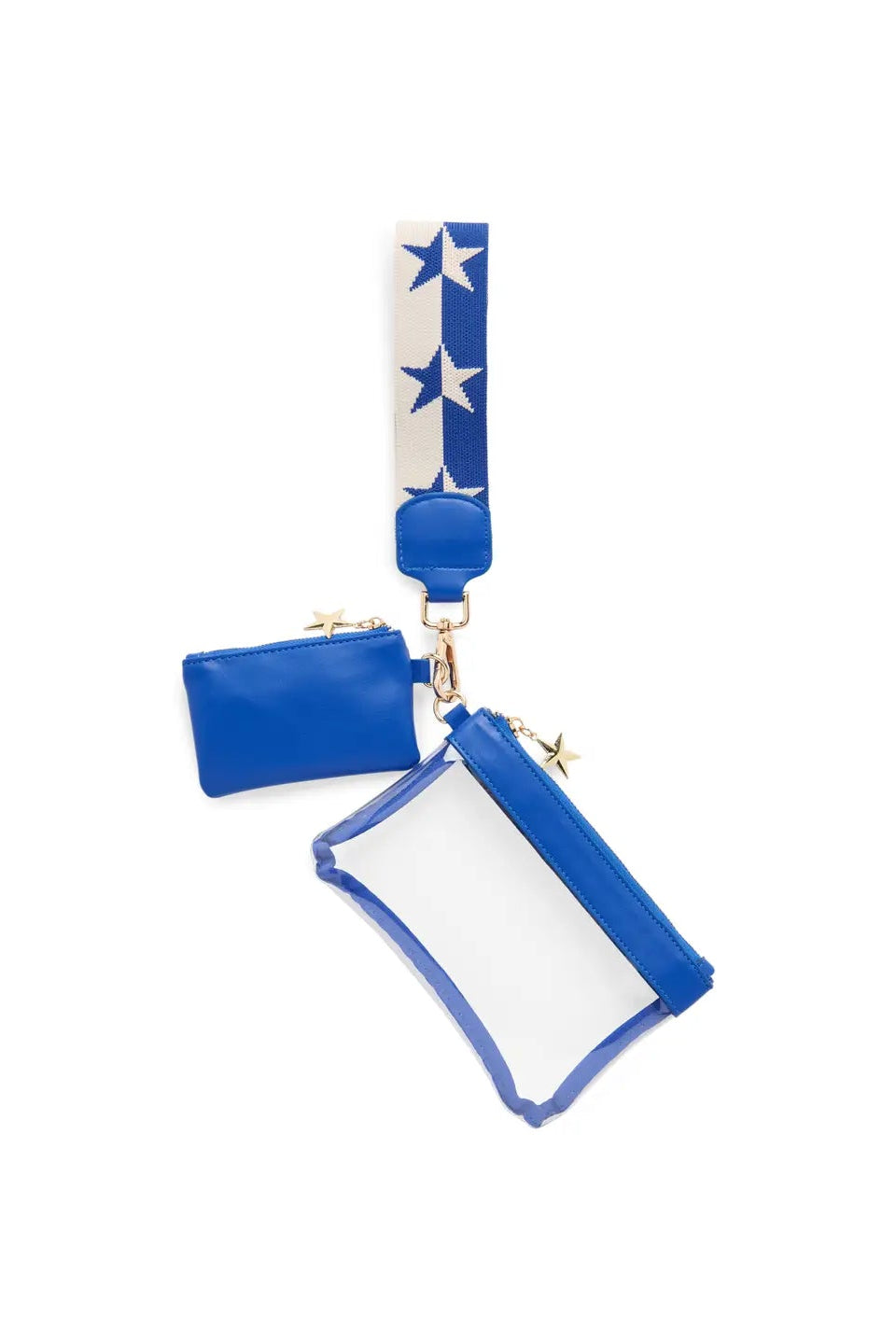 A blue and white patriotic zippered pouch set with a wrist strap featuring white stars on a white background, gold-tone hardware, and two small pouches.