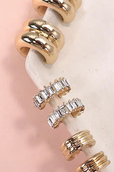 Baguette Stone Double Hoop Huggie Trio Earrings