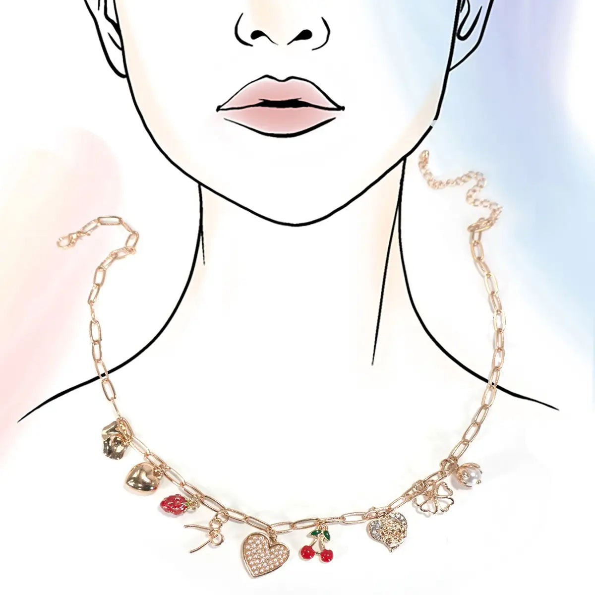 Multi Charm Bow Cherry Heart Necklace