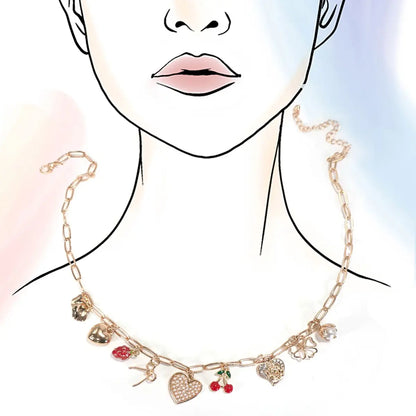 Multi Charm Bow Cherry Heart Necklace