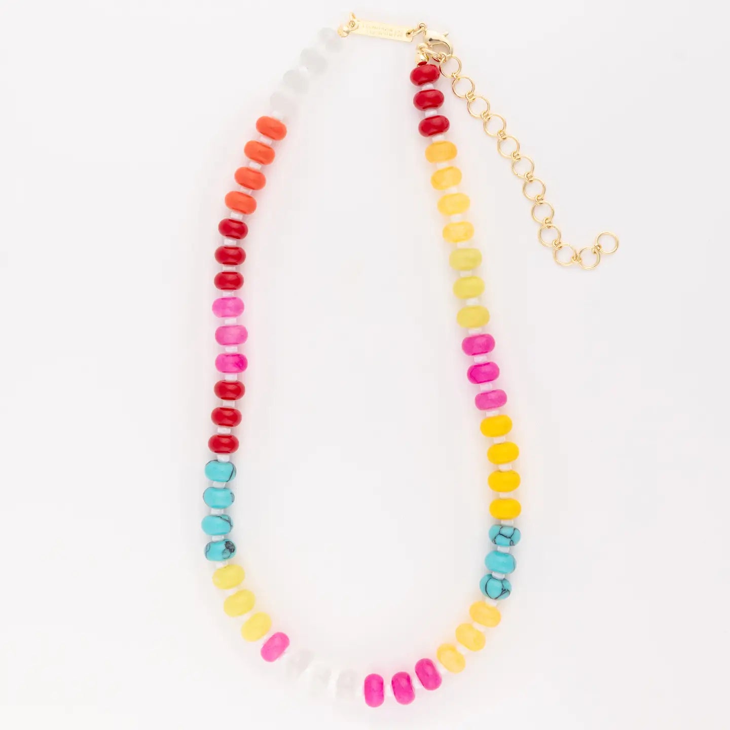 Colorful beaded necklace on a white background