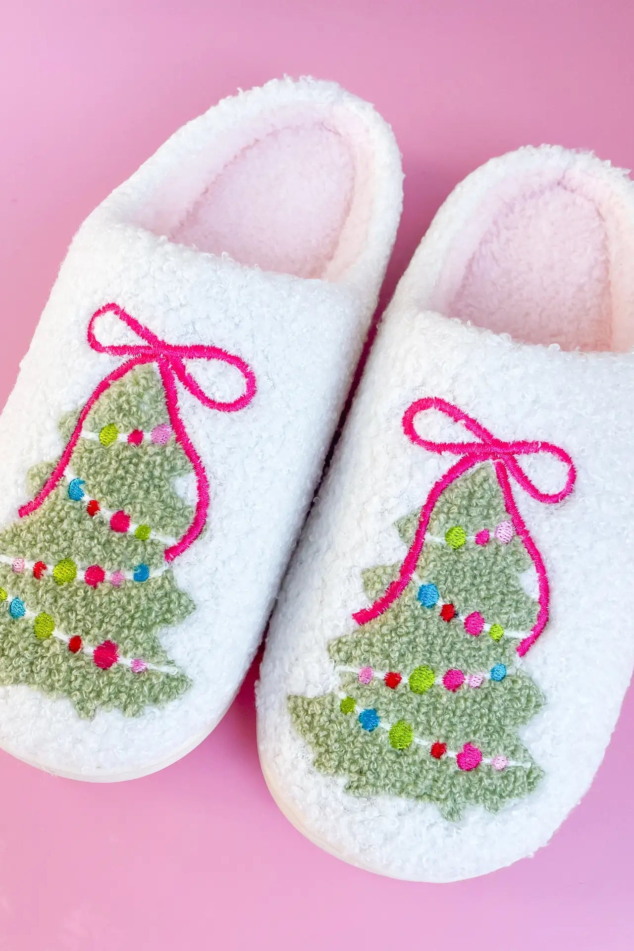 Pink Bow Christmas Tree Slippers
