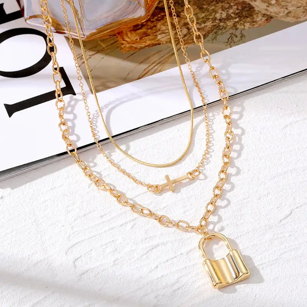 Layered Lock & Cross Necklace