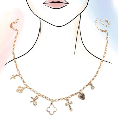 Charm Necklace-Clover Bow Cross Heart Flower