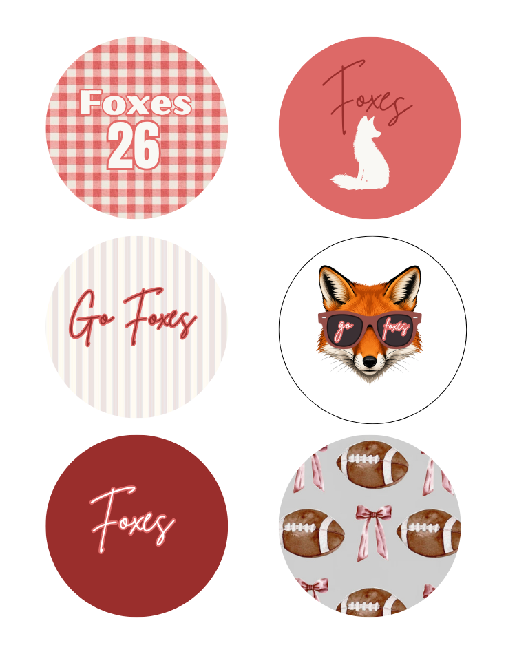 Six circular decorative stickers or labels featuring fox-themed designs, including gingham, stripes, a fox illustration with sunglasses, and football patterns, arranged on a white background.