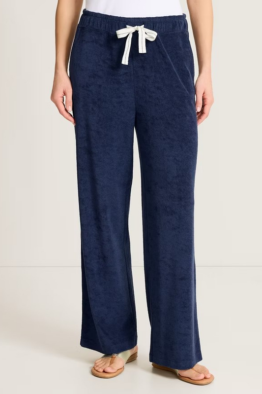 Navy blue pants with a white drawstring on a plain background