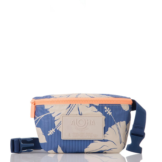 Blue floral-patterned waist bag with a visible brand logo on a white background
