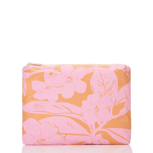 Floral-patterned pouch with pink and orange flowers on a white background