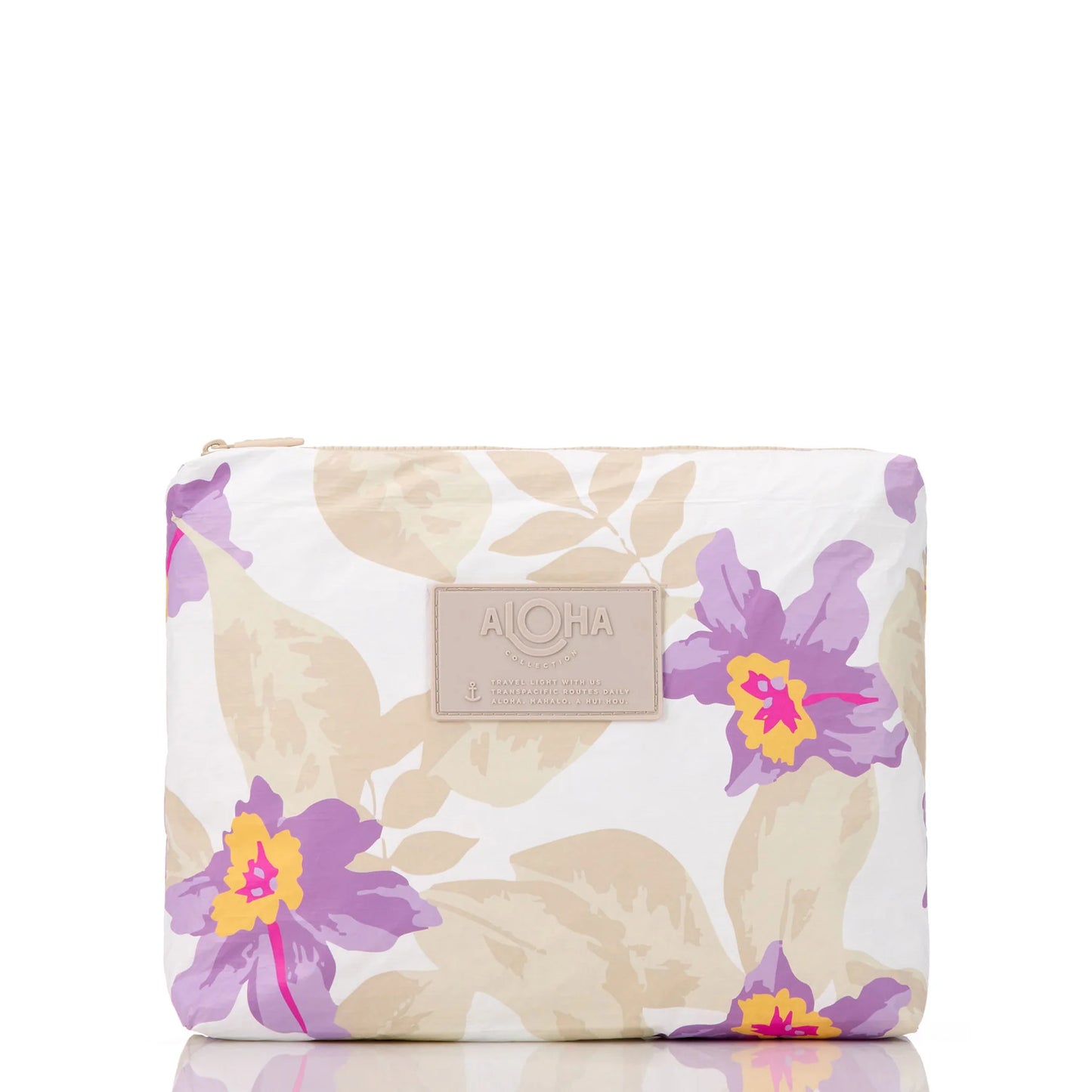 Floral-patterned pouch with 'Aloha' label on a white background