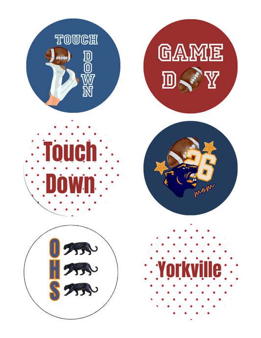 Six circular football-themed graphic designs arranged on a white background, including phrases like 'TOUCH DOWN,' 'GAME DAY,' 'Touch Down,' 'OHS,' and 'Yorkville,' with footballs, stars, and animal silhouettes.