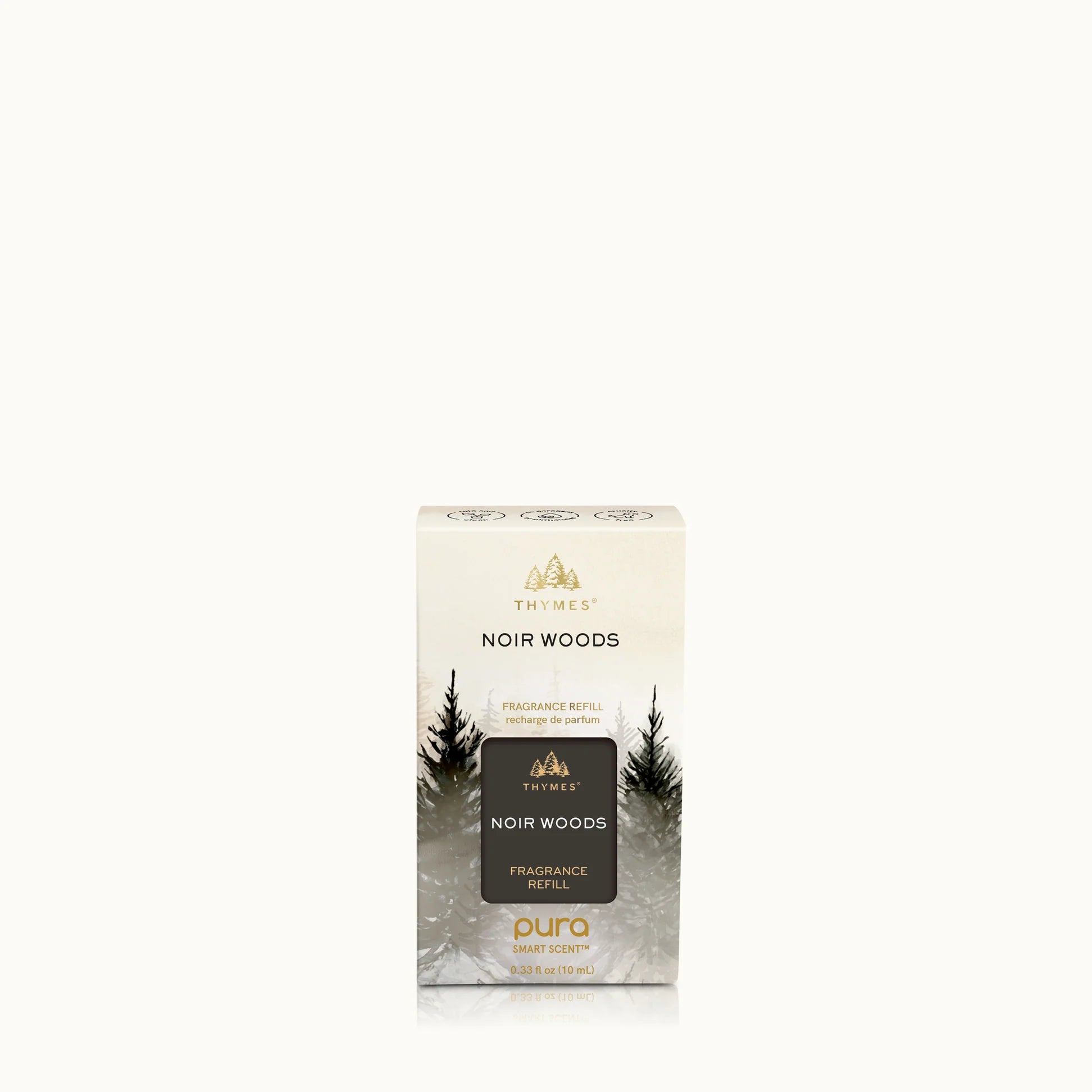 Thymes Noir Woods fragrance refill packaging on a white background