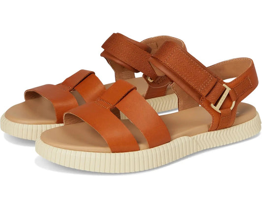 Pair of brown sandals with beige soles on a white background