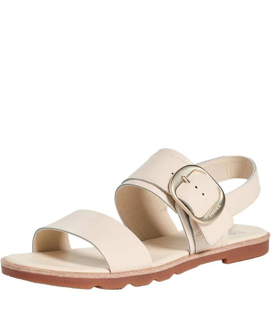 Beige sandal with a strap and buckle on a white background