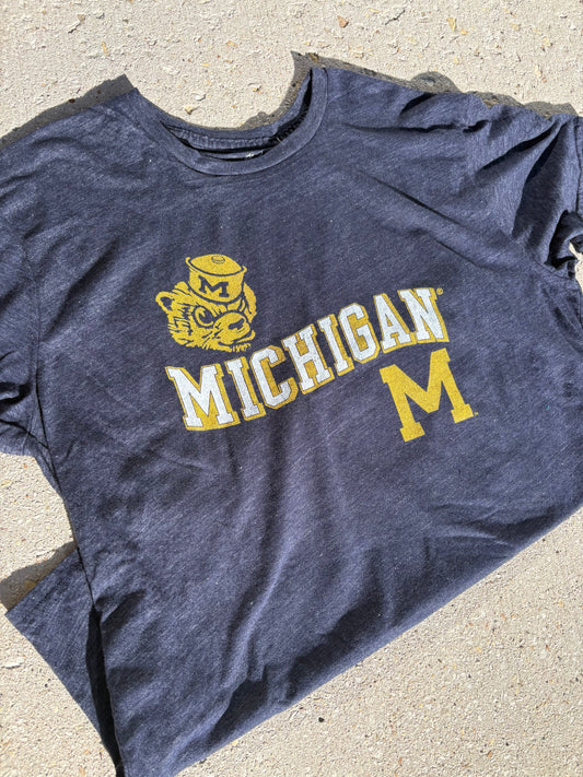Blue t-shirt with 'Michigan' and a logo on a concrete surface