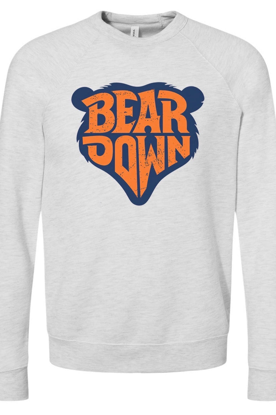 A light heather gray crewneck sweatshirt featuring a large graphic on the chest of a bear head silhouette filled with the words 'BEAR DOWN' in orange and navy blue.
