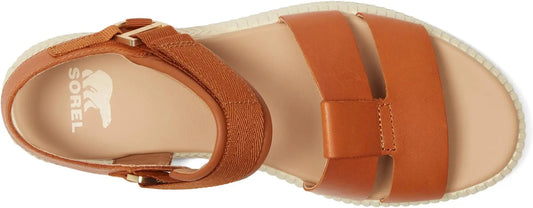 Brown sandal with a visible brand logo on a white background