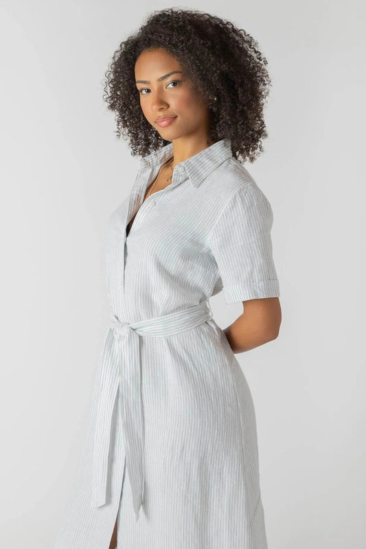 Woman wearing a light gray striped dress against a white background