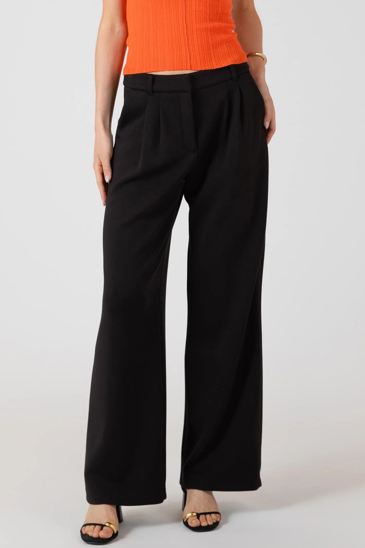 Person wearing black wide-leg pants and an orange top on a white background